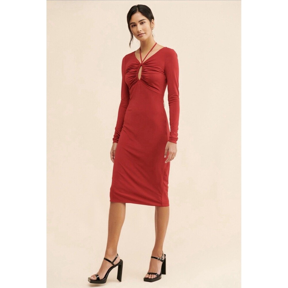 ANTHROPOLOGIE Hutch Halston Ember Stretch Jersey Midi‎ Dress Size 8 Red Ruched